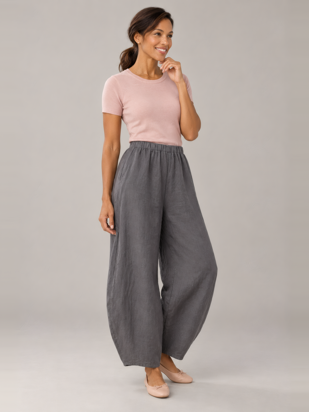 Bryn Walker Light Linen Oliver Pant in Mooring, front view on model