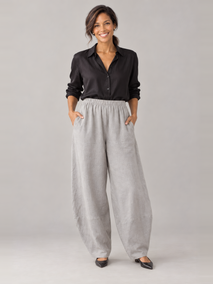 Bryn Walker Light Linen Oliver Pant in Nebbia, front view on model
