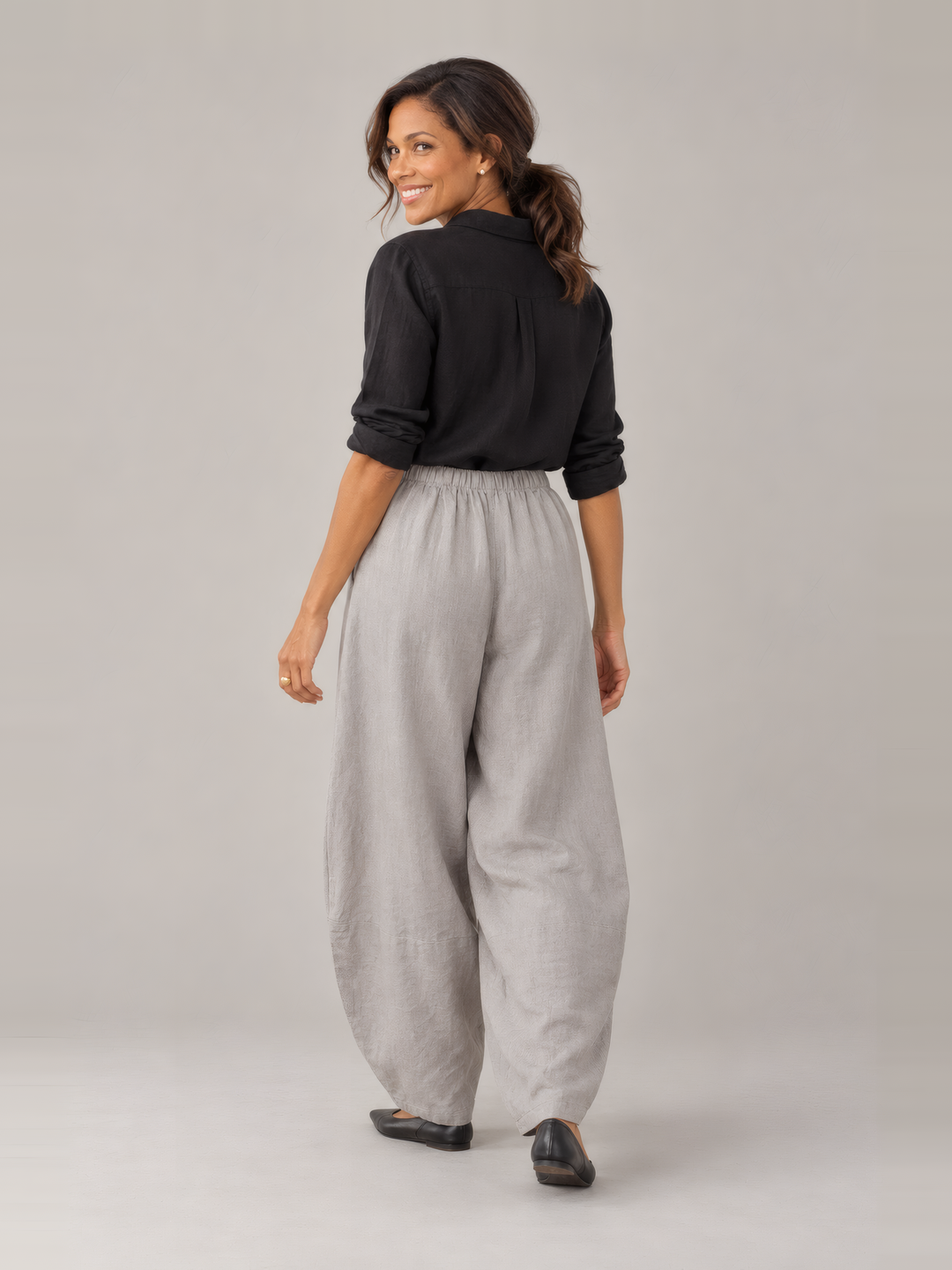 Bryn Walker Light Linen Oliver Pant in Nebbia, back view on model
