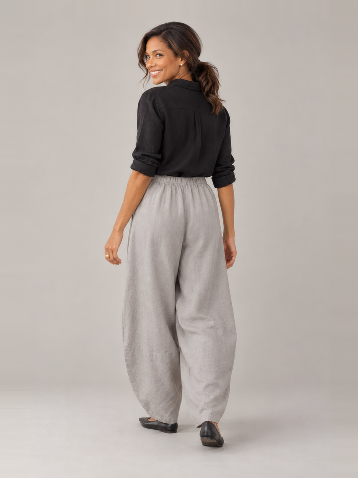 Bryn Walker Light Linen Oliver Pant in Nebbia, back view on model