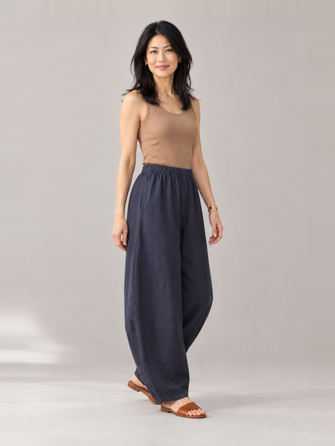 Bryn Walker Light Linen Oliver Pant in Orion, front view on model