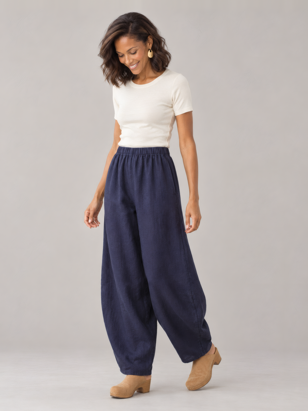 Bryn Walker Light Linen Oliver Pant in Stargaze, front view on model