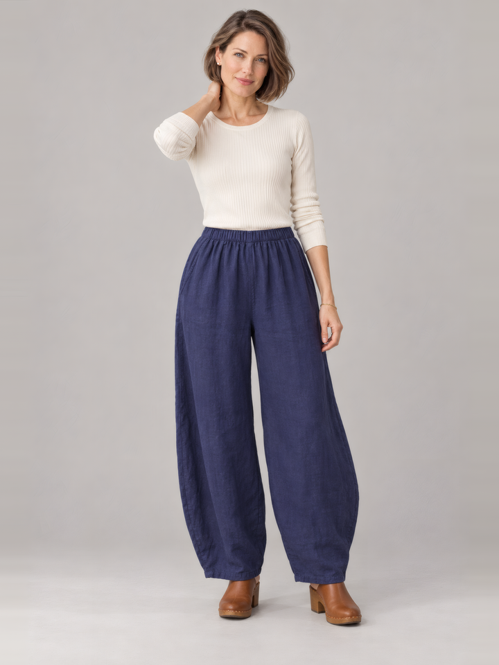 Bryn Walker Light Linen Oliver Pant in Starlight, front view on model