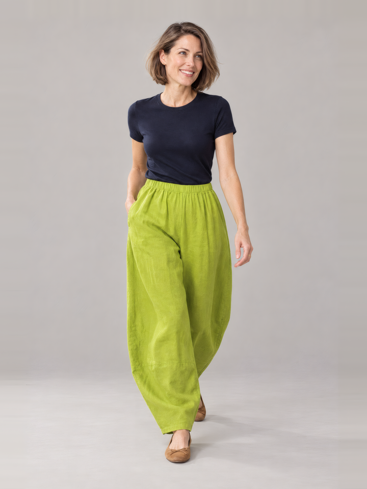Bryn Walker Light Linen Oliver Pant in Vireo, front view on model