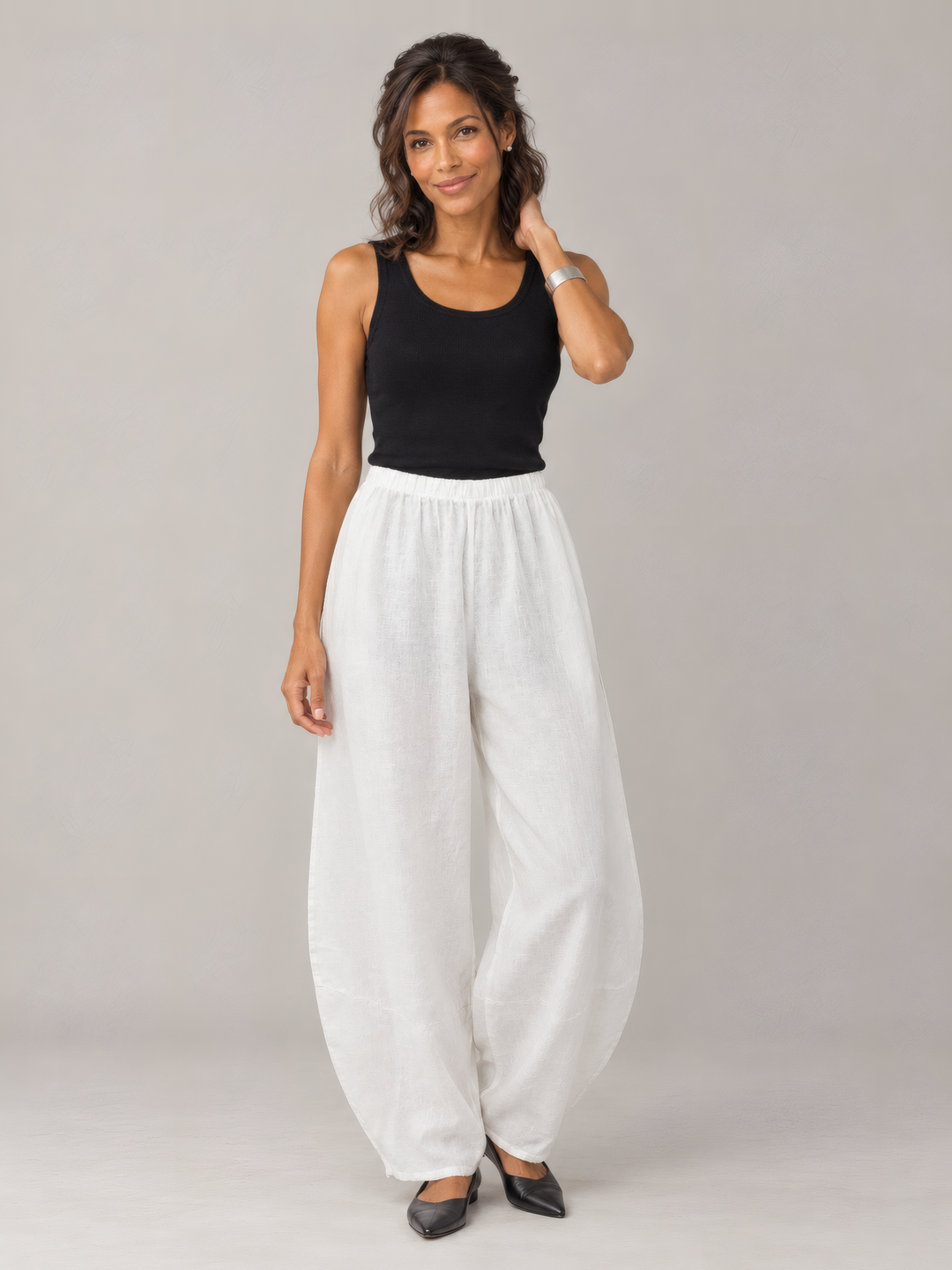 Bryn Walker Light Linen Oliver Pant in White, front view on model