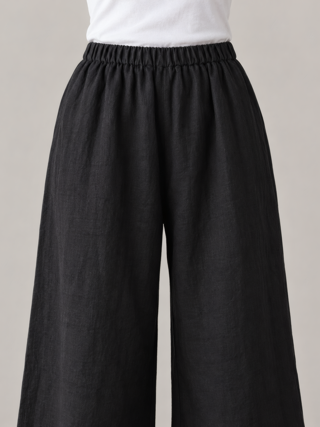 Bryn Walker Light Linen Osca Pant in Black, close up of the fabric and details