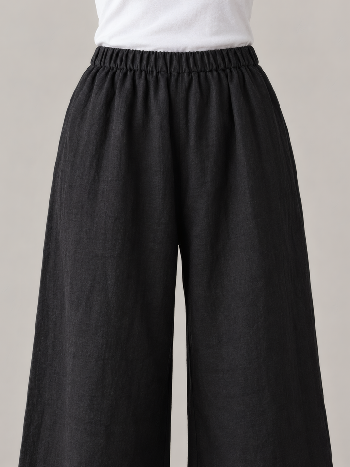 Bryn Walker Light Linen Osca Pant in Black, close up of the fabric and details