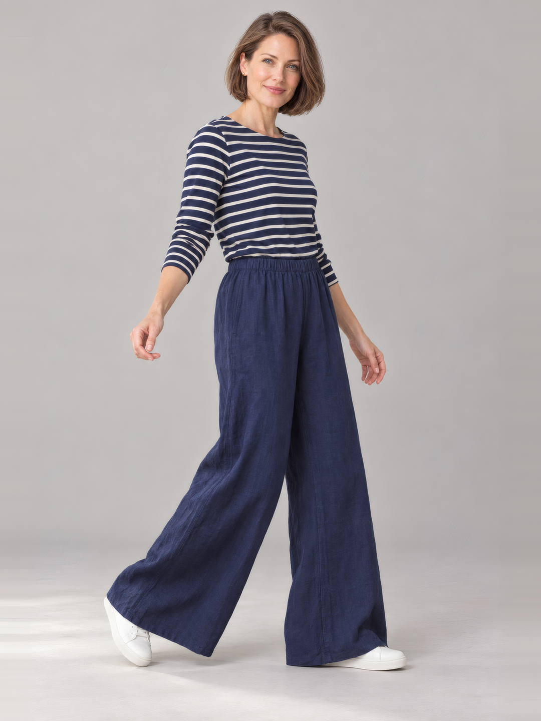 Bryn Walker Light Linen Osca Pant in Starlight, front view on model