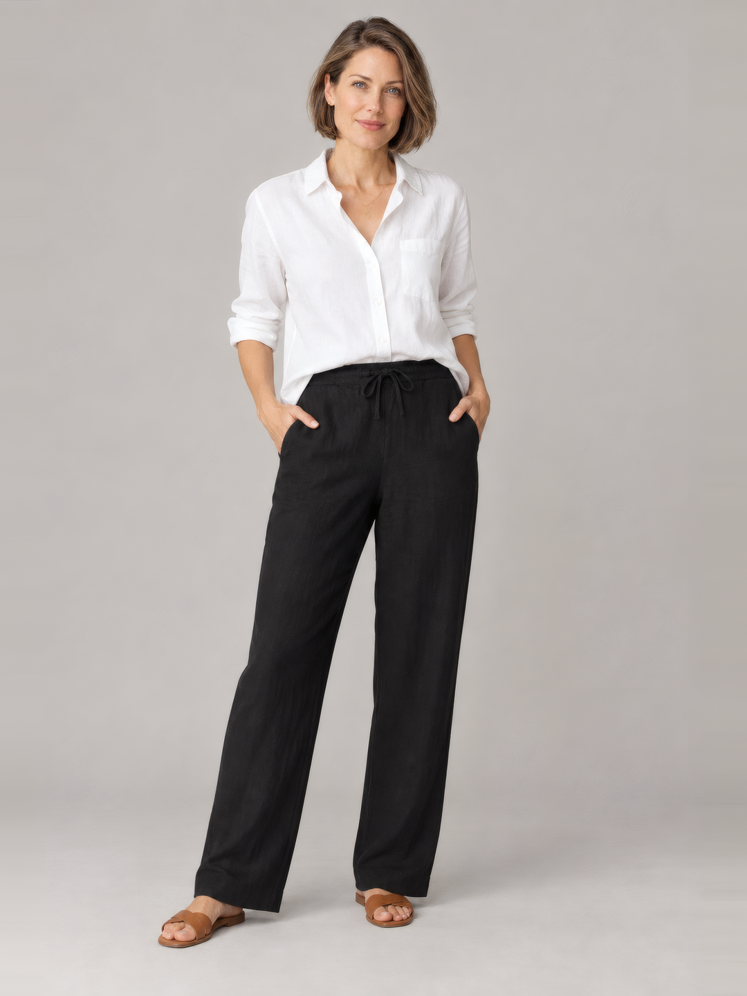 Bryn Walker Light Linen Saba Pant in Black, front view on model