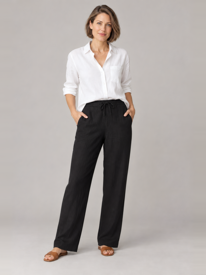 Bryn Walker Light Linen Saba Pant in Black, front view on model