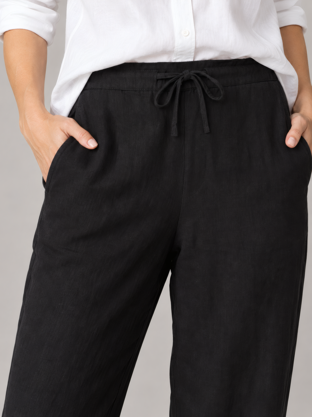 Bryn Walker Light Linen Saba Pant in Black, close up of the fabric and details