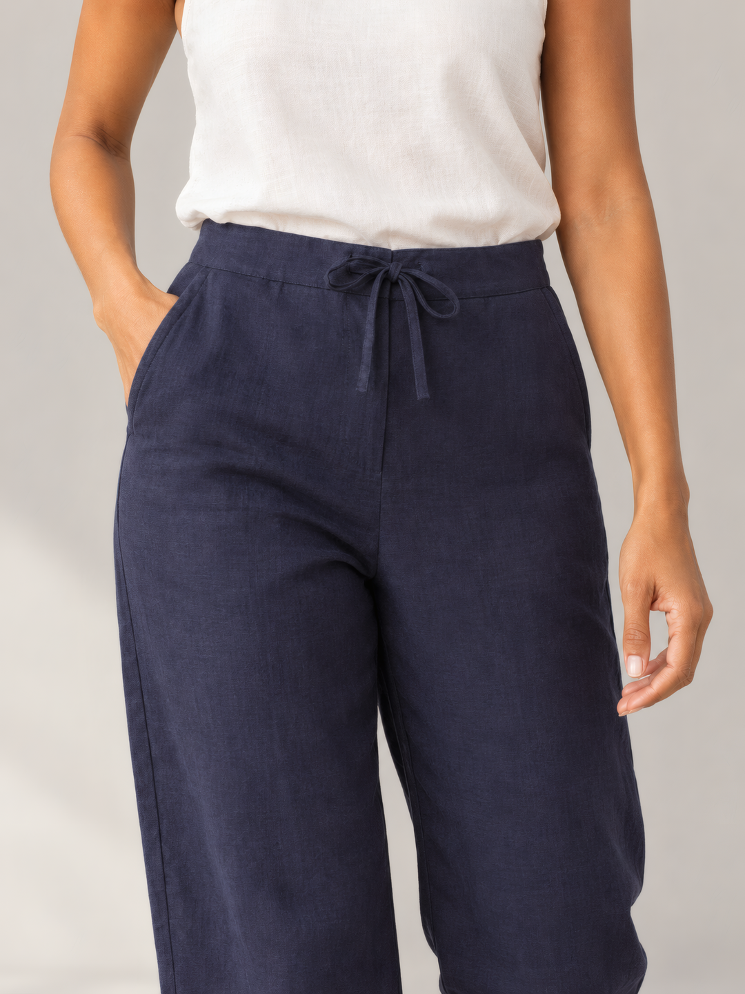 Bryn Walker Light Linen Saba Pant in Stargaze, close up of the fabric and details