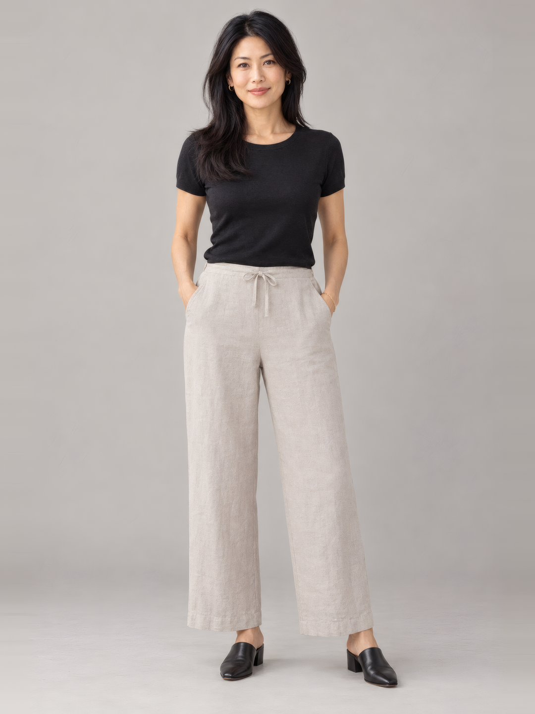Bryn Walker Light Linen Saba Pant in Tapioca, front view on model