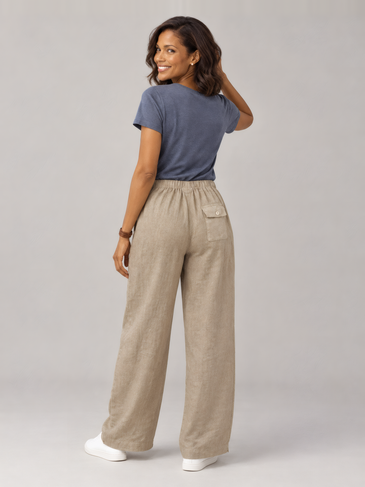 Bryn Walker Light Linen Saba Pant in Viscacha, back view on model