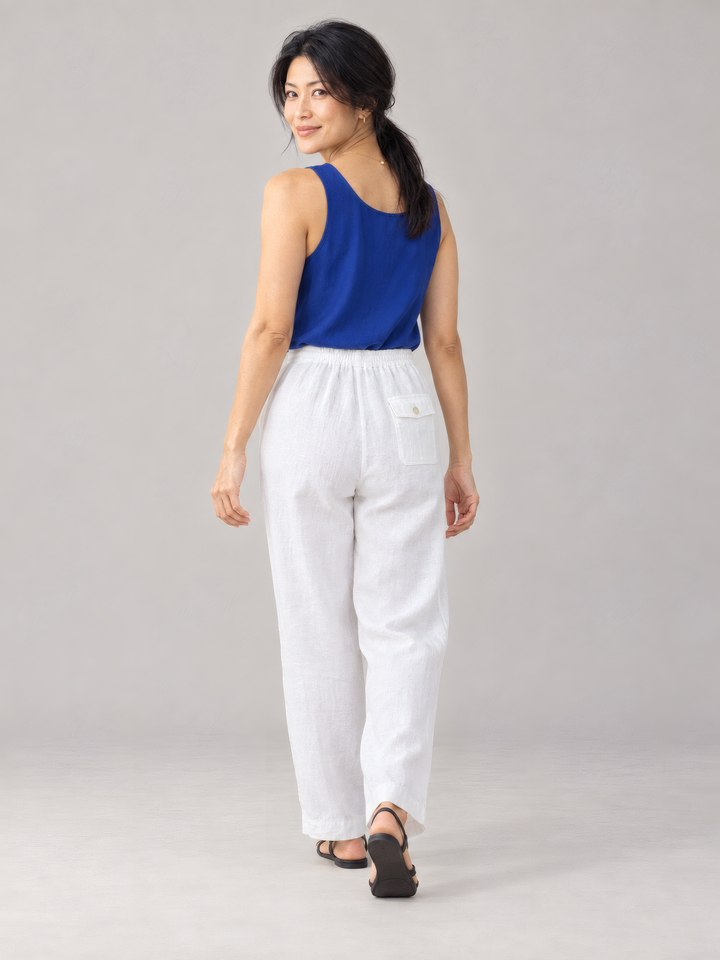 Bryn Walker Light Linen Saba Pant in White, back view on model
