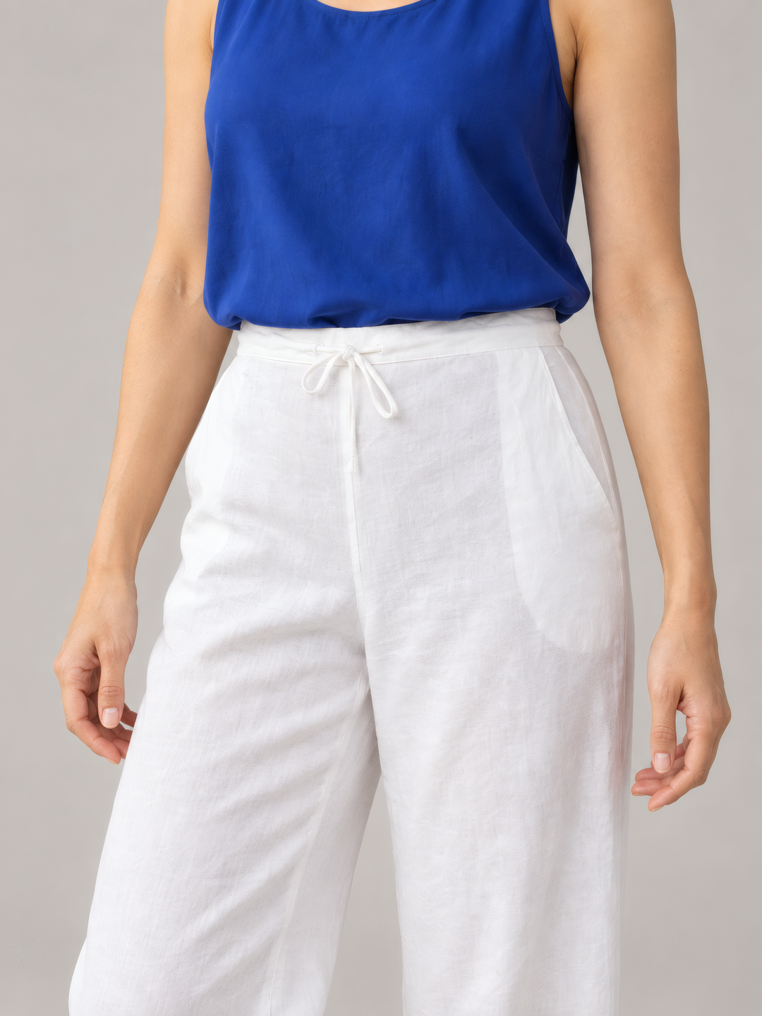 Bryn Walker Light Linen Saba Pant in White, close up of the fabric and details