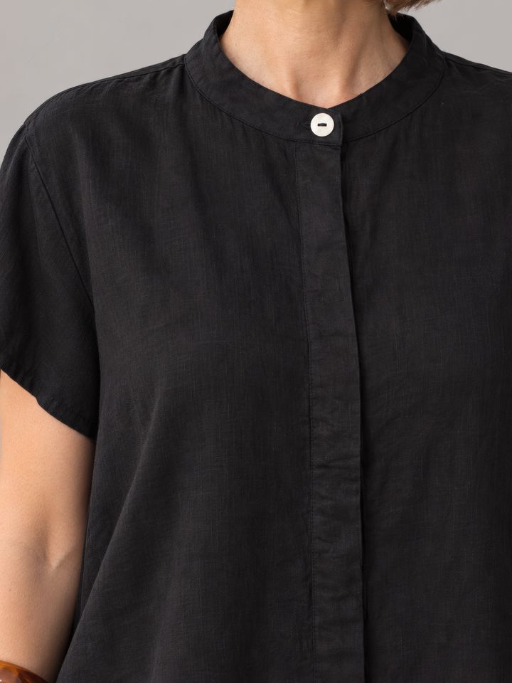 Bryn Walker Light Linen Willa Tunic in Black, close up of the fabric and details
