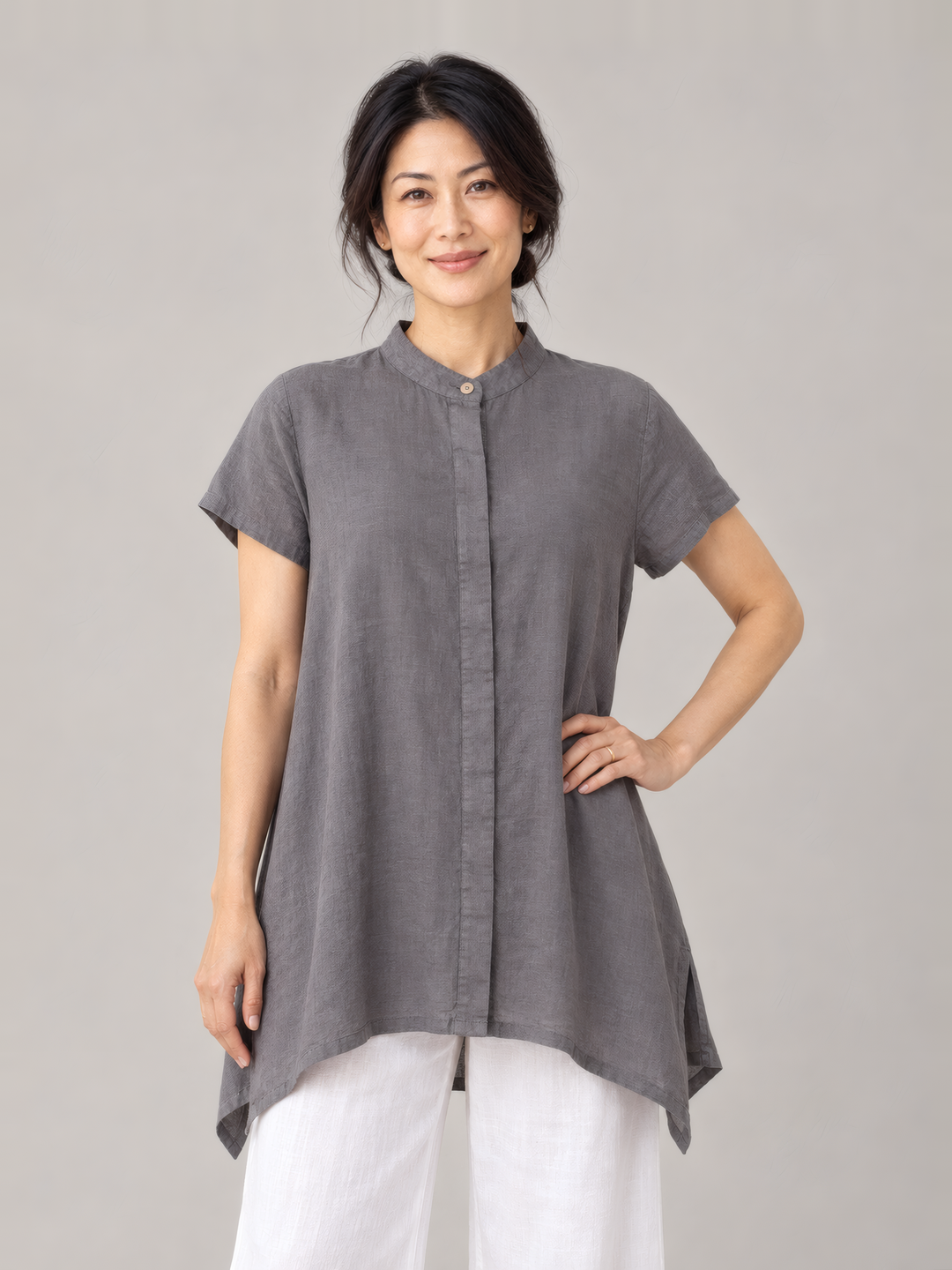Bryn Walker Light Linen Willa Tunic in Grayling, front view on model