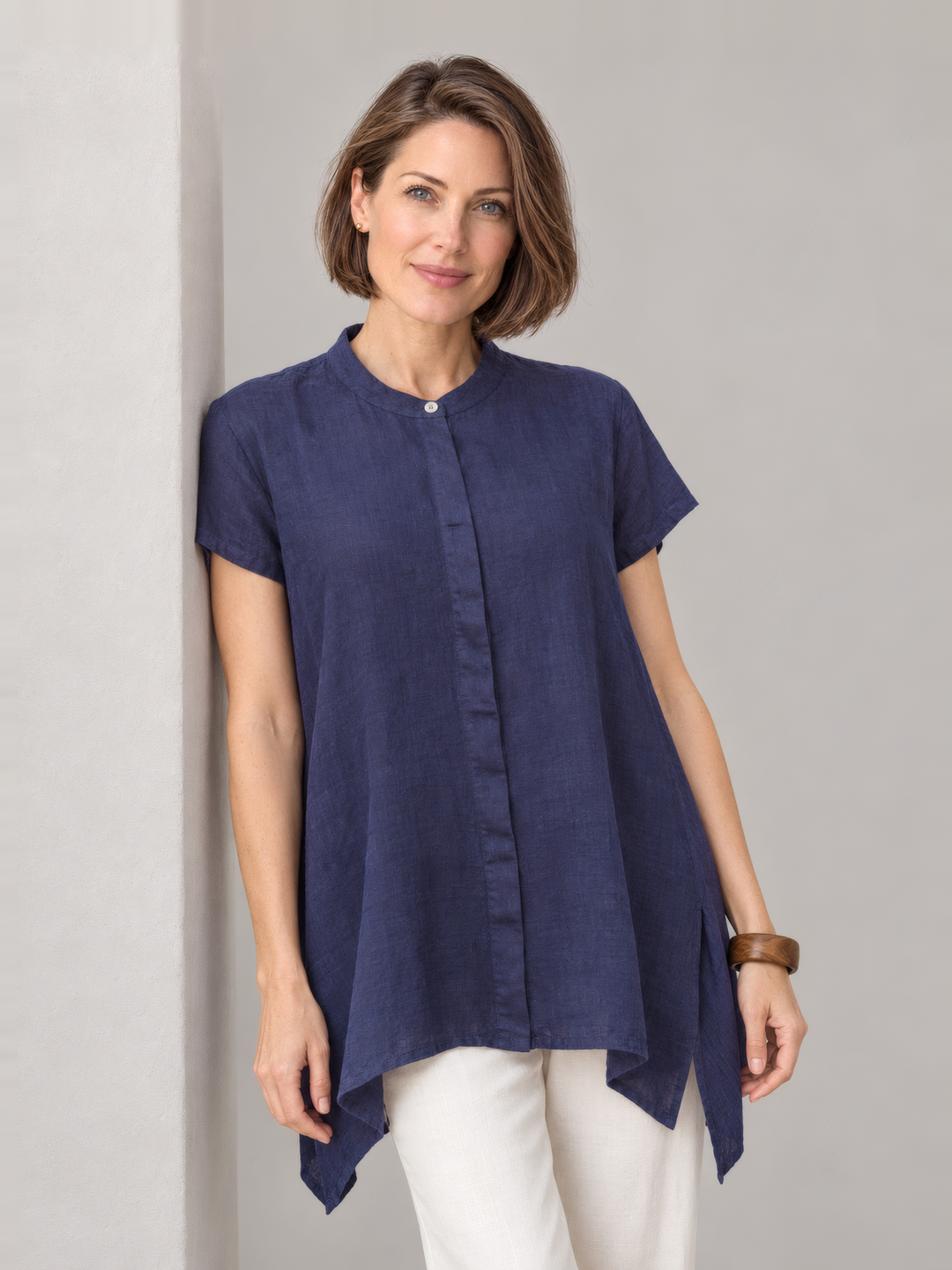 Bryn Walker Light Linen Willa Tunic in Starlight, front view on model