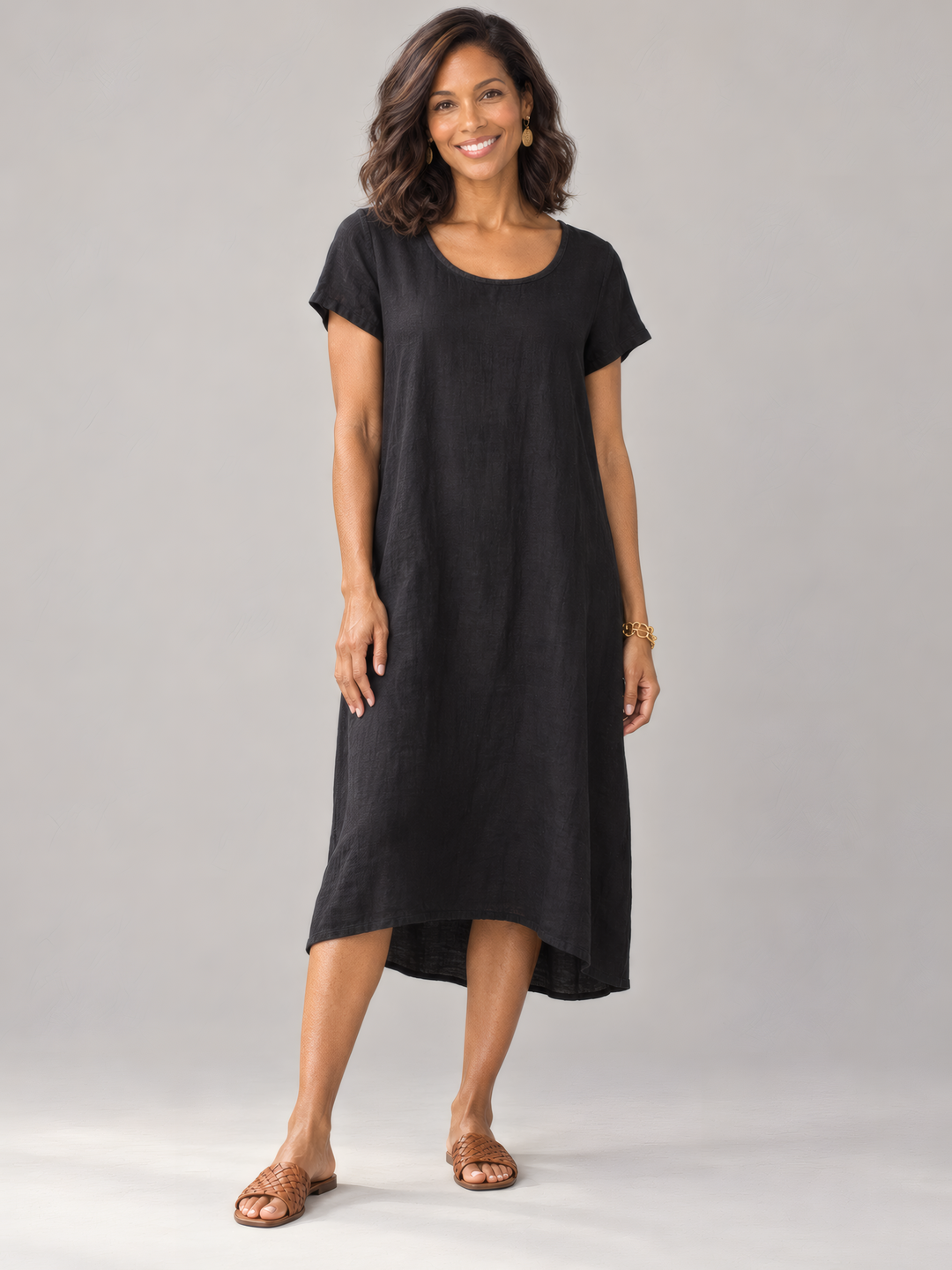 Bryn Walker Light Linen Winslow Dress in Black, front view on model