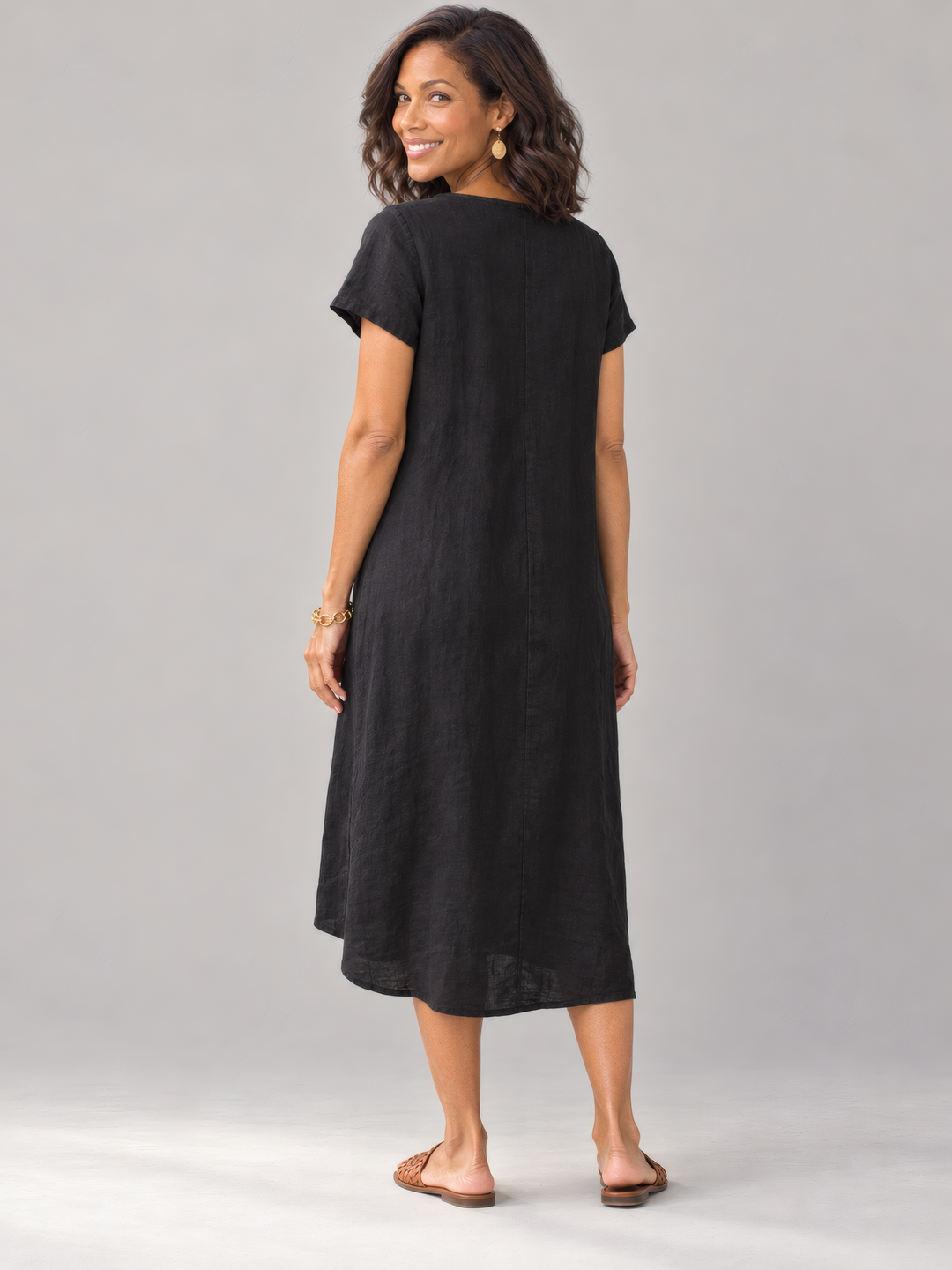 Bryn Walker Light Linen Winslow Dress in Black, back view on model