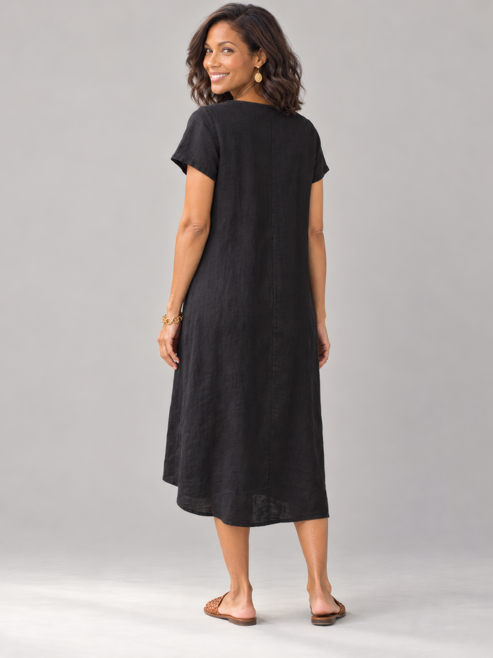 Bryn Walker Light Linen Winslow Dress in Black, back view on model