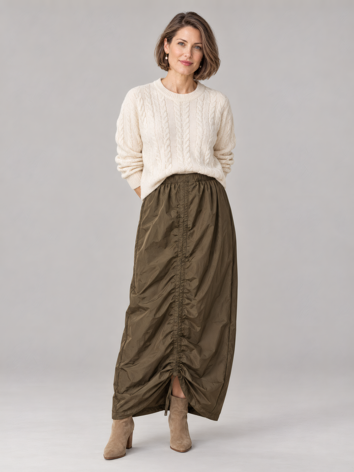 Bryn Walker Memory Crunch Cleo Skirt in Wren, front view on model