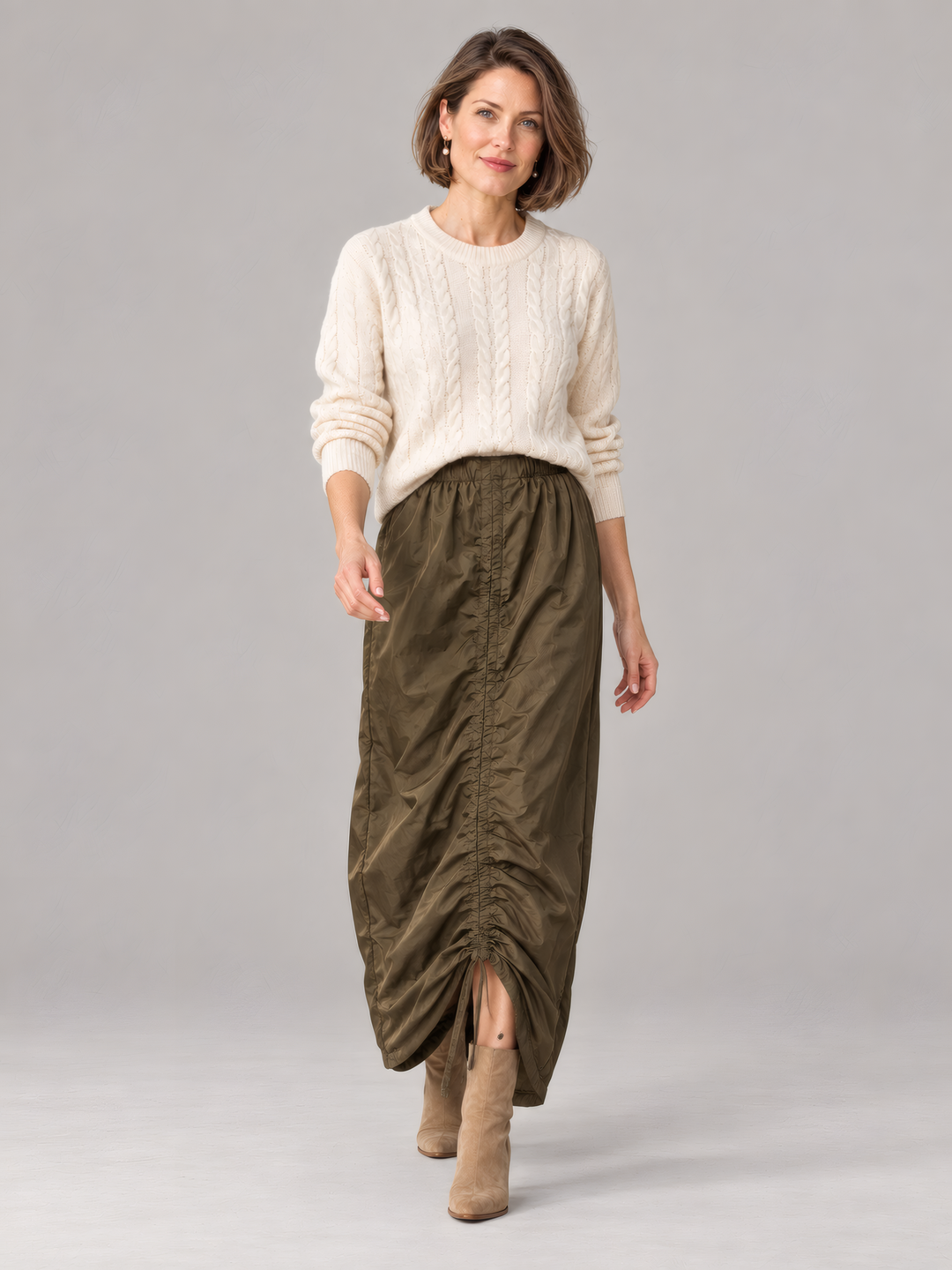 Bryn Walker Memory Crunch Cleo Skirt in Wren, full outfit on model