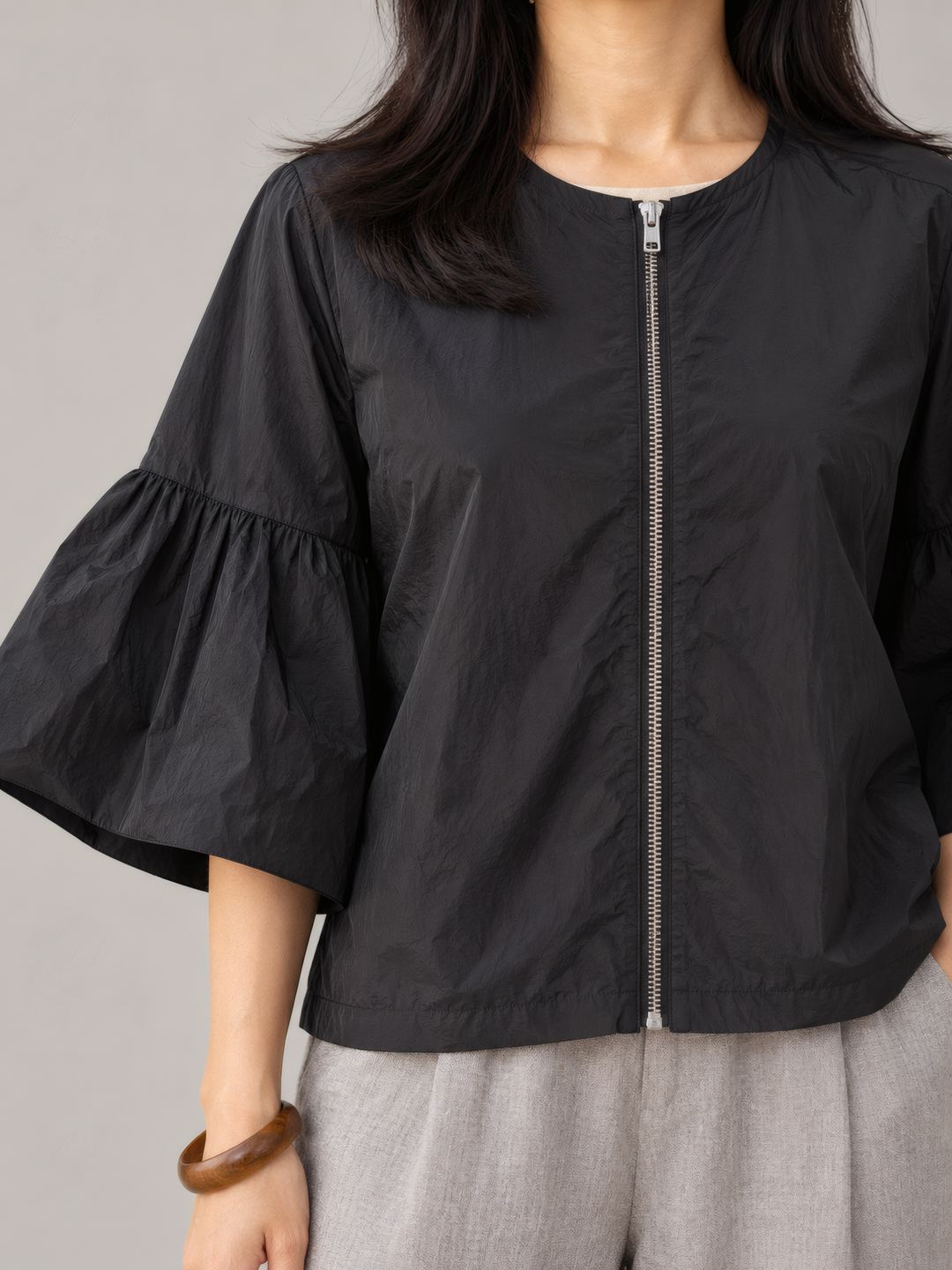 Bryn Walker Memory Crunch Frida Jacket in Black, close up of the fabric and details