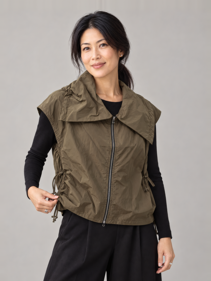 Bryn Walker Memory Crunch Irene Vest in Wren, front view on model