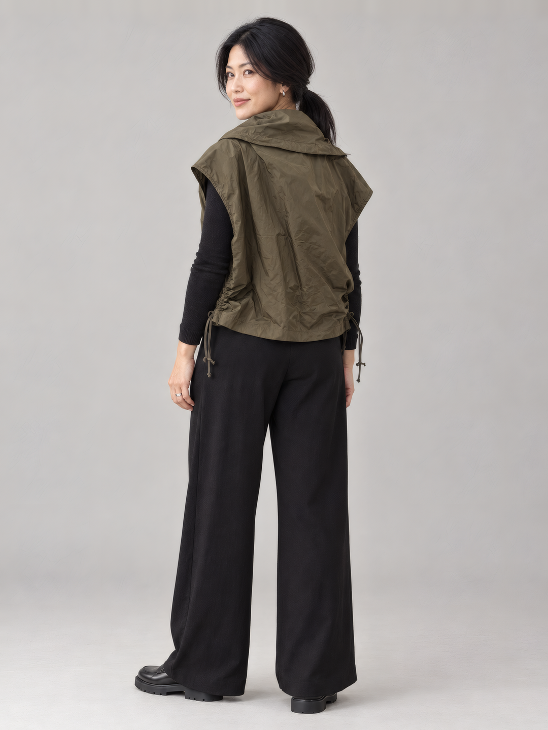 Bryn Walker Memory Crunch Irene Vest in Wren, back view on model