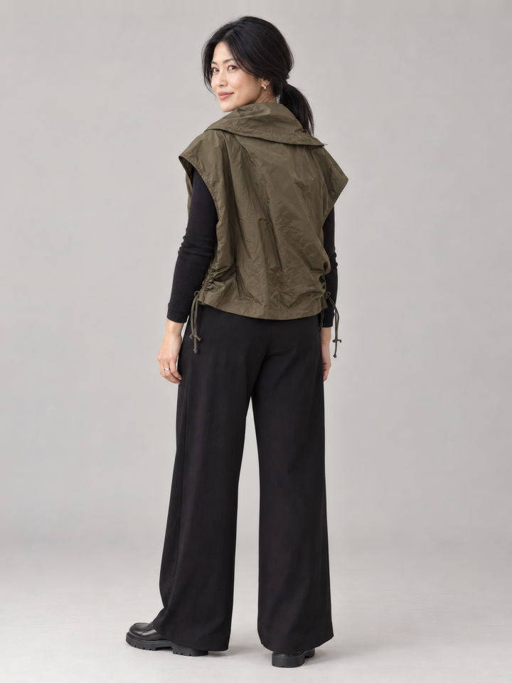 Bryn Walker Memory Crunch Irene Vest in Wren, back view on model