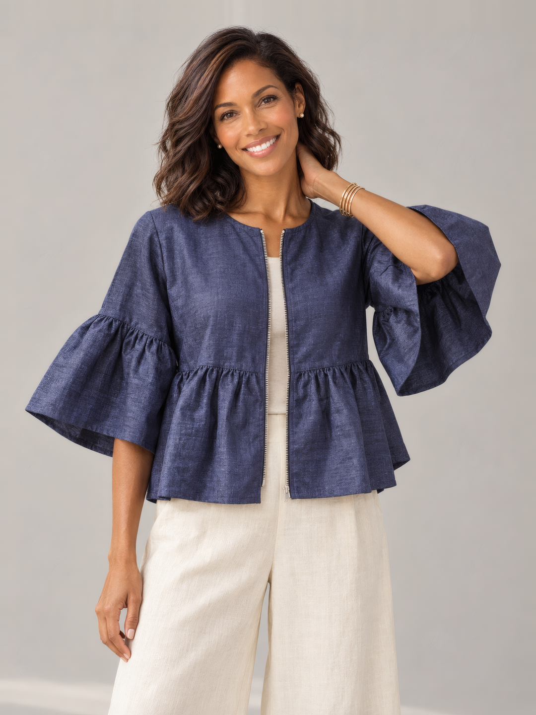 Bryn Walker Navy Raffia Frida Jacket in Navy, front view on model