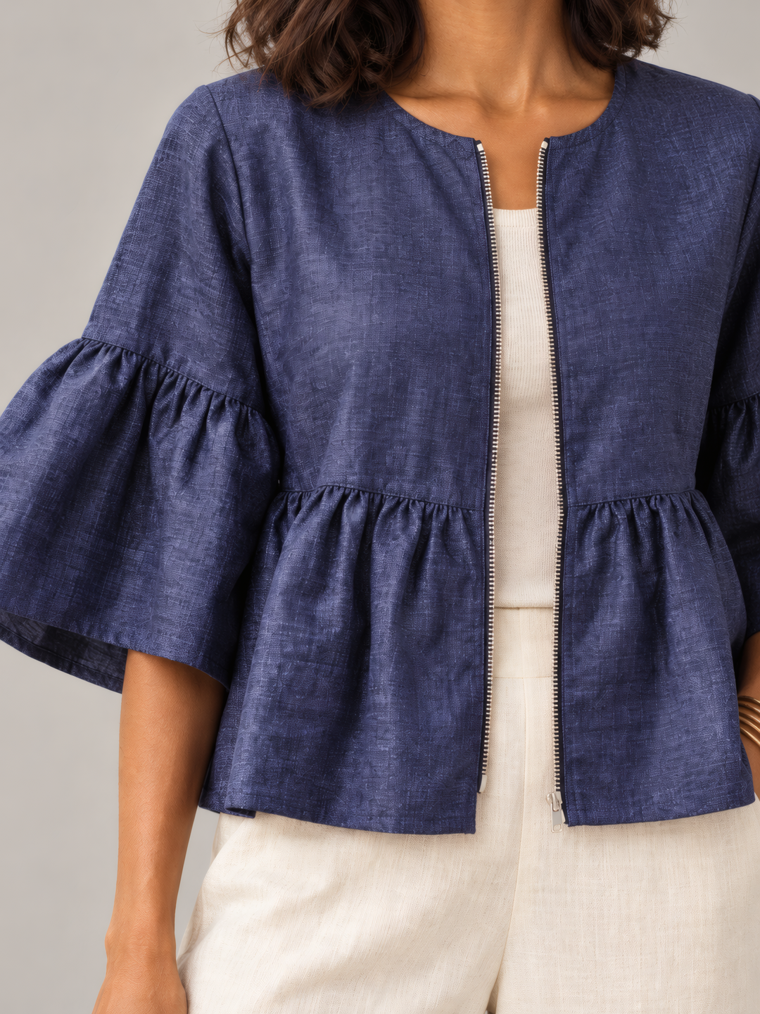Bryn Walker Navy Raffia Frida Jacket in Navy, close up of the fabric and details