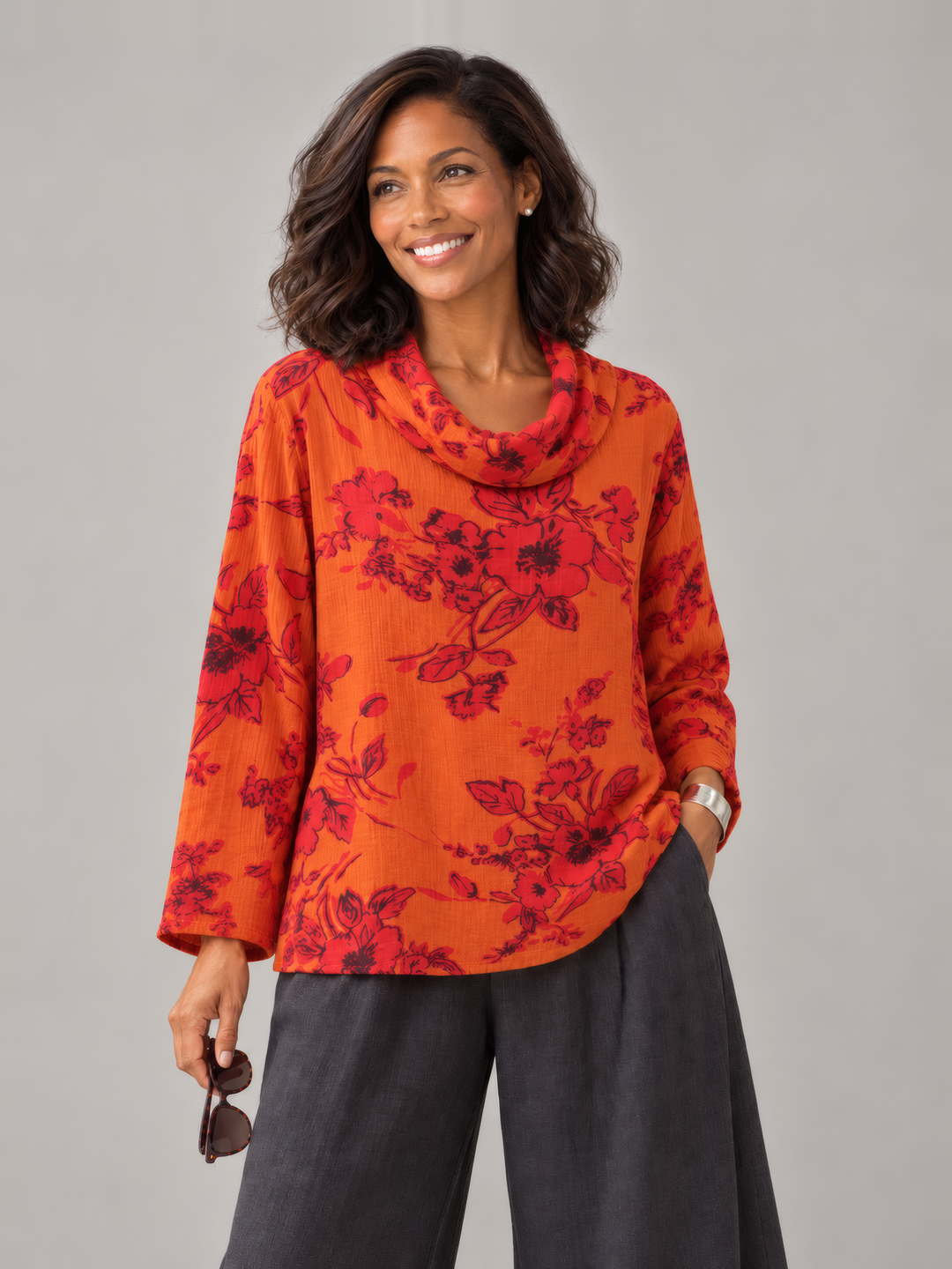 Bryn Walker Print Gauze Etta Shirt in Koi, front view on model
