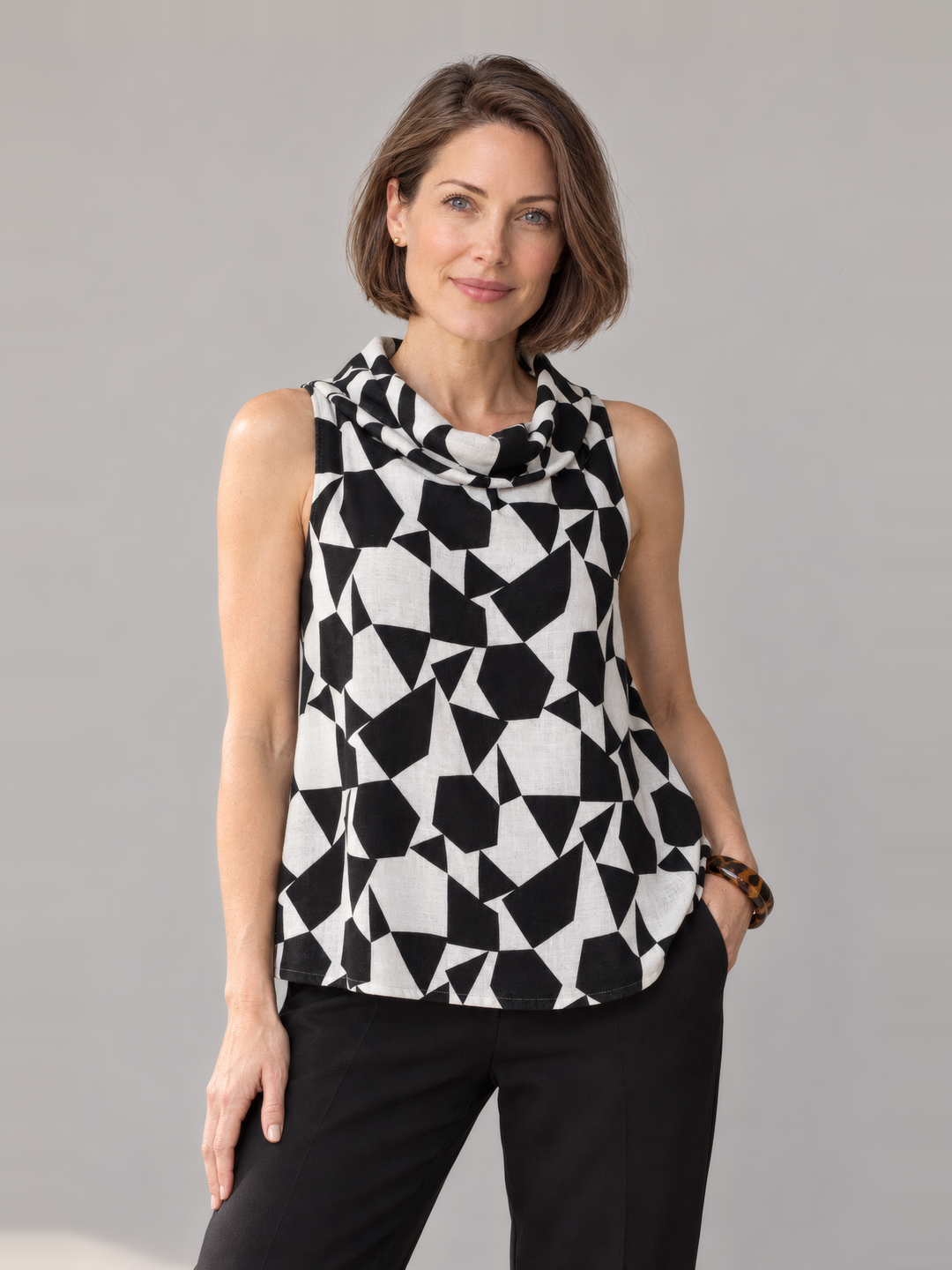 Bryn Walker Print Light Linen Etta Tank in Cream, front view on model
