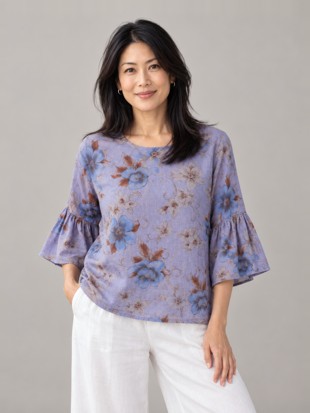 Bryn Walker Print Light Linen Frida Shirt in Foxglove, front view on model
