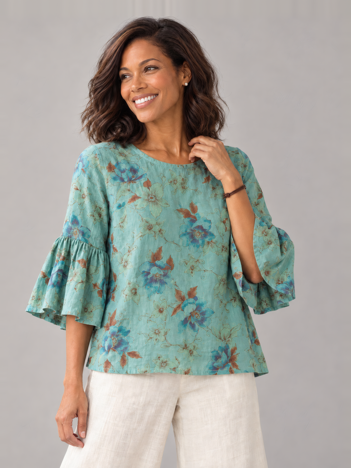 Bryn Walker Print Light Linen Frida Shirt in Turaco, front view on model