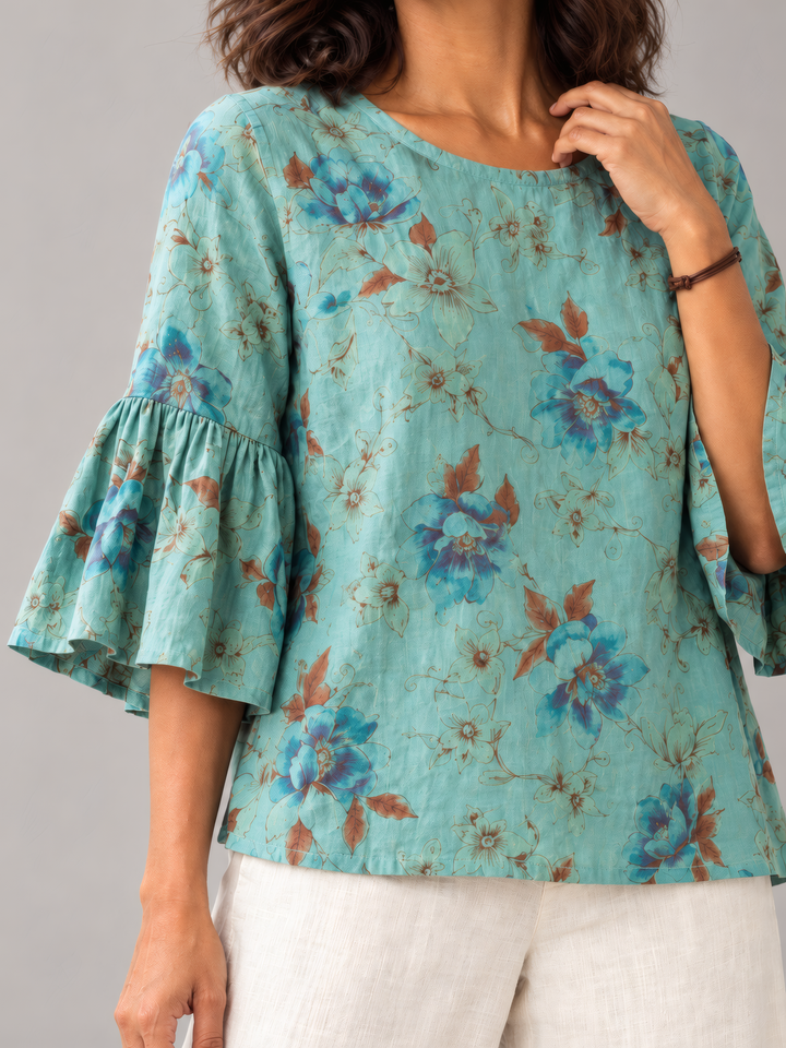 Bryn Walker Print Light Linen Frida Shirt in Turaco, close up of the fabric and details
