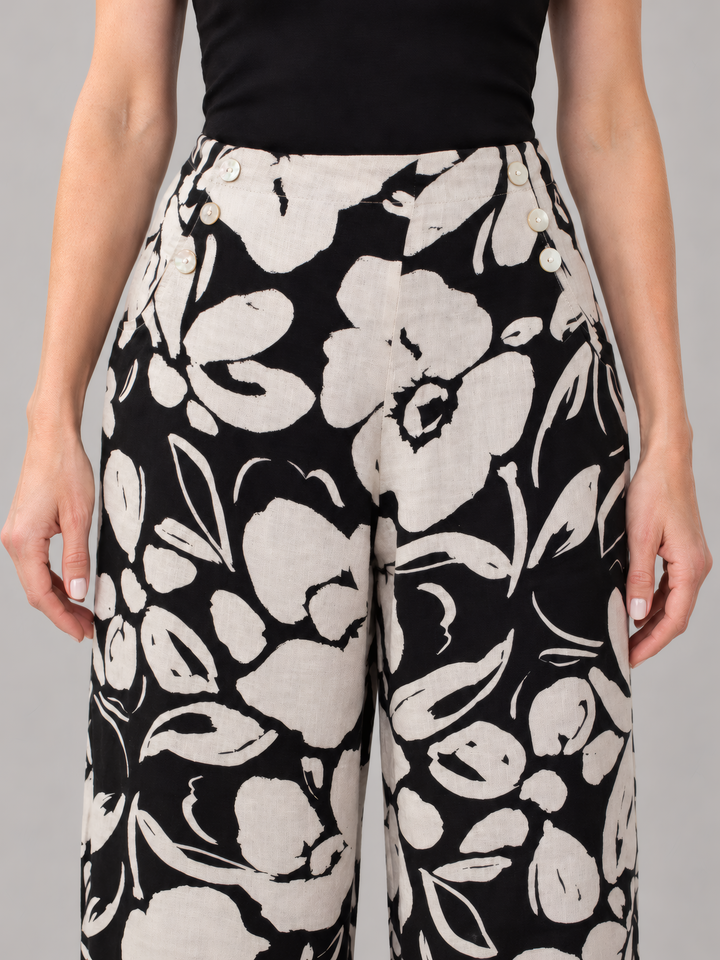 Bryn Walker Print Linen Genie Pant in Tapioca, close up of the fabric and details