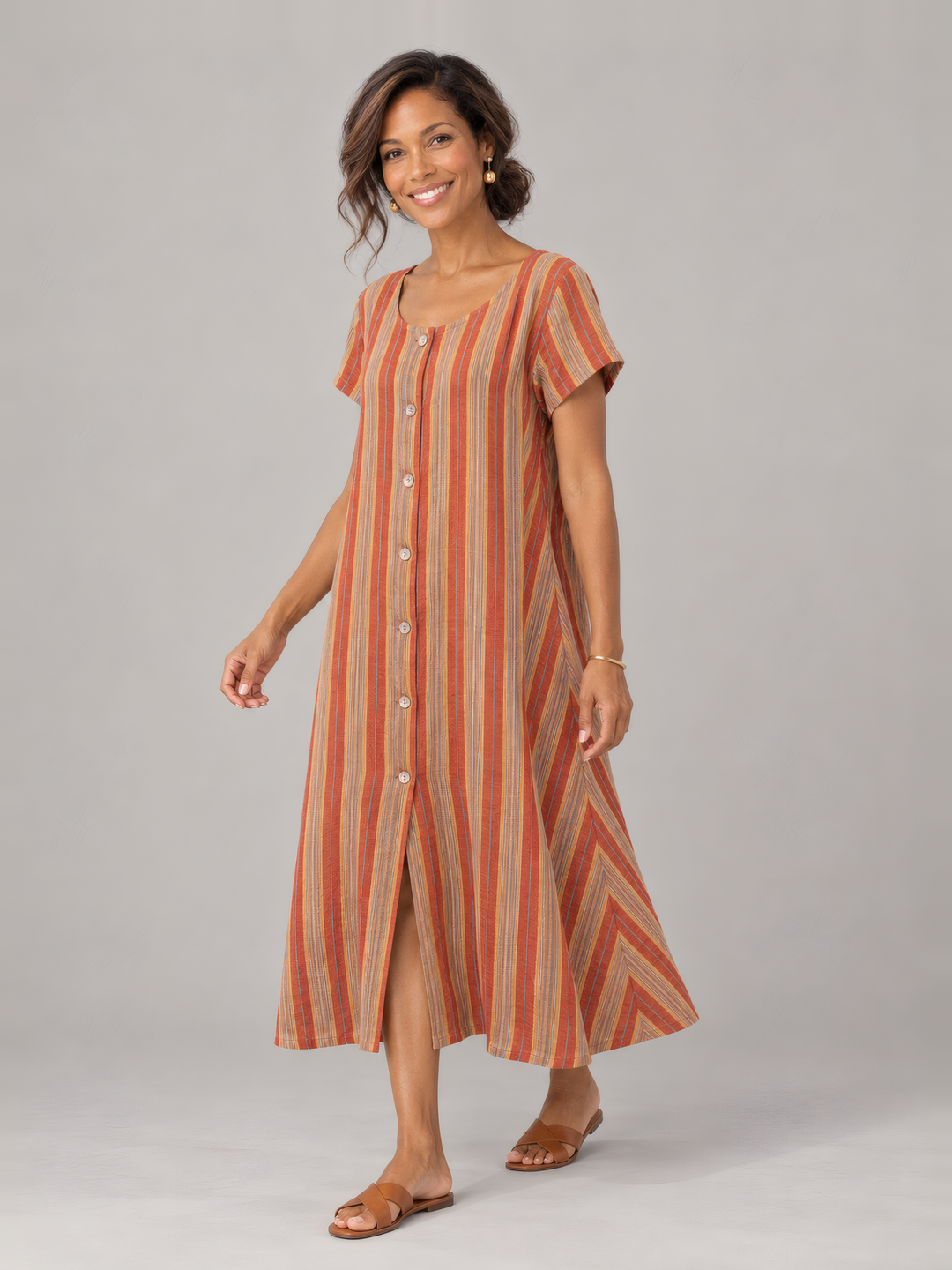 Bryn Walker Print Linen Winsor Dress in Madrid, front view on model