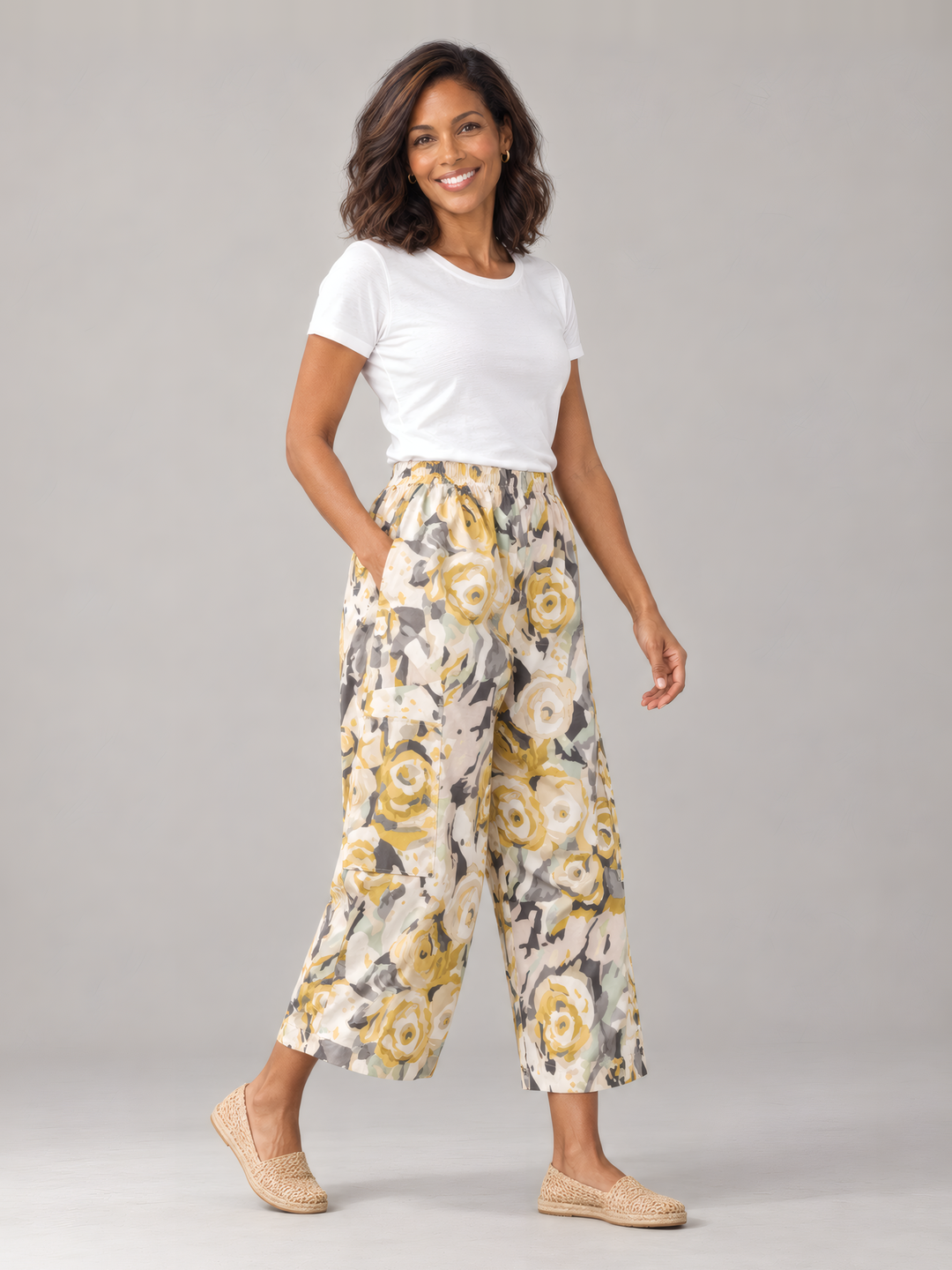 Bryn Walker Print Poplin Pasha Pant in Giallo, front view on model