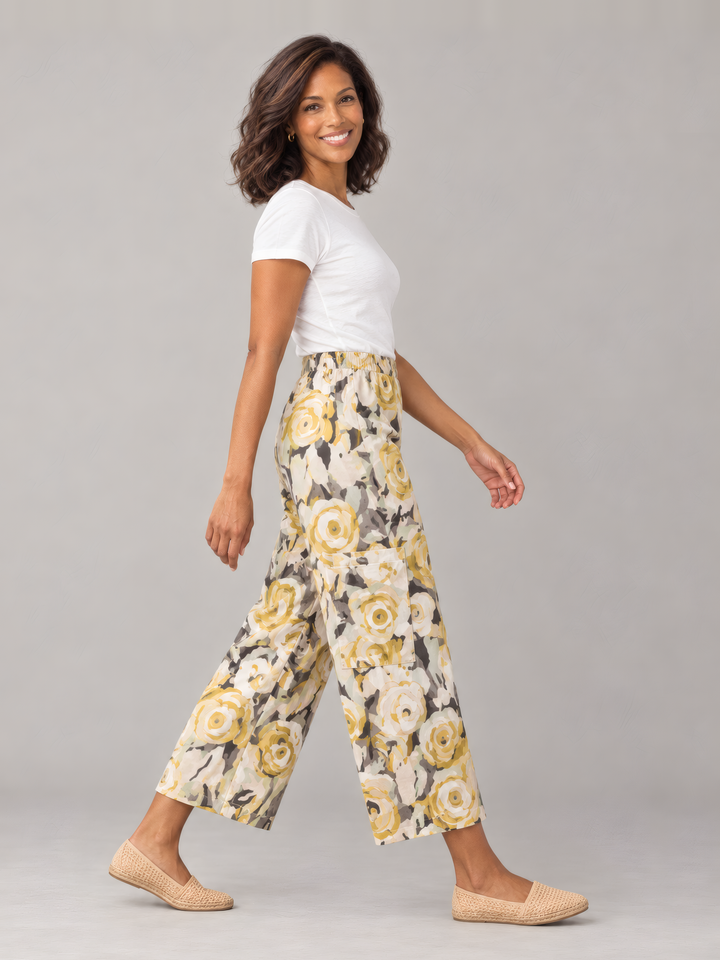 Bryn Walker Print Poplin Pasha Pant in Giallo, side view on model