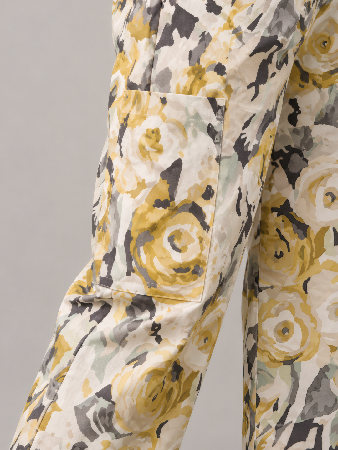 Bryn Walker Print Poplin Pasha Pant in Giallo, close up of the fabric and details