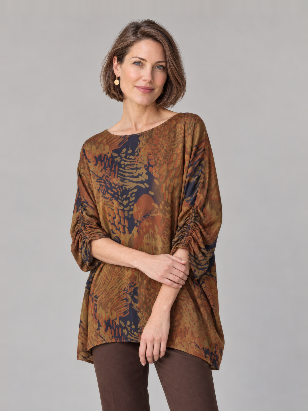 Bryn Walker Wilder Tunic in Partridge, front view on model