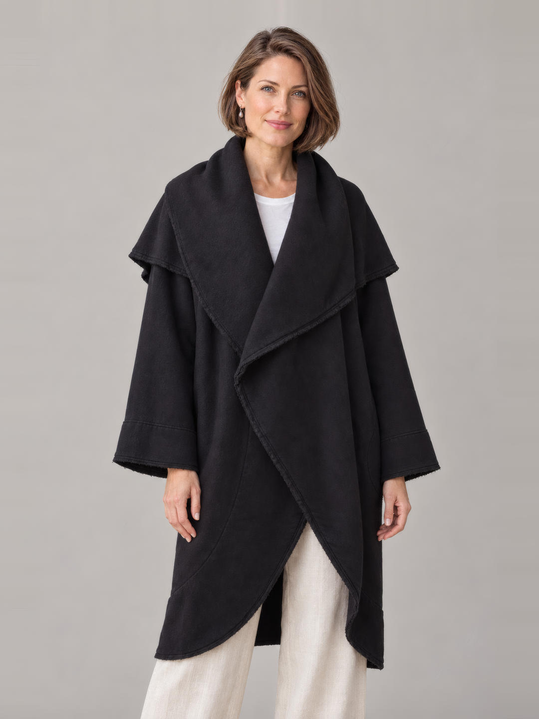 Bryn Walker Wrap Coat in Black, front view on model