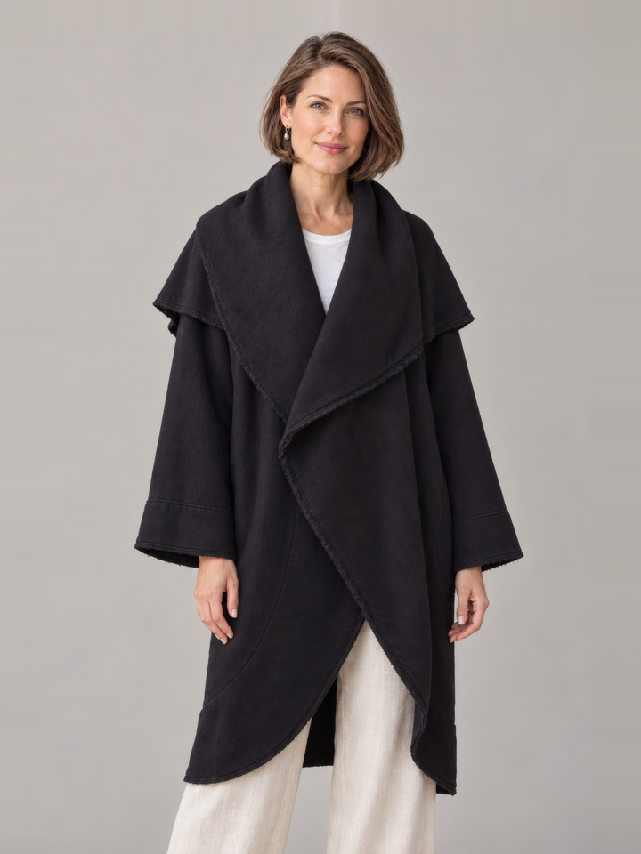Bryn Walker Wrap Coat in Black, front view on model
