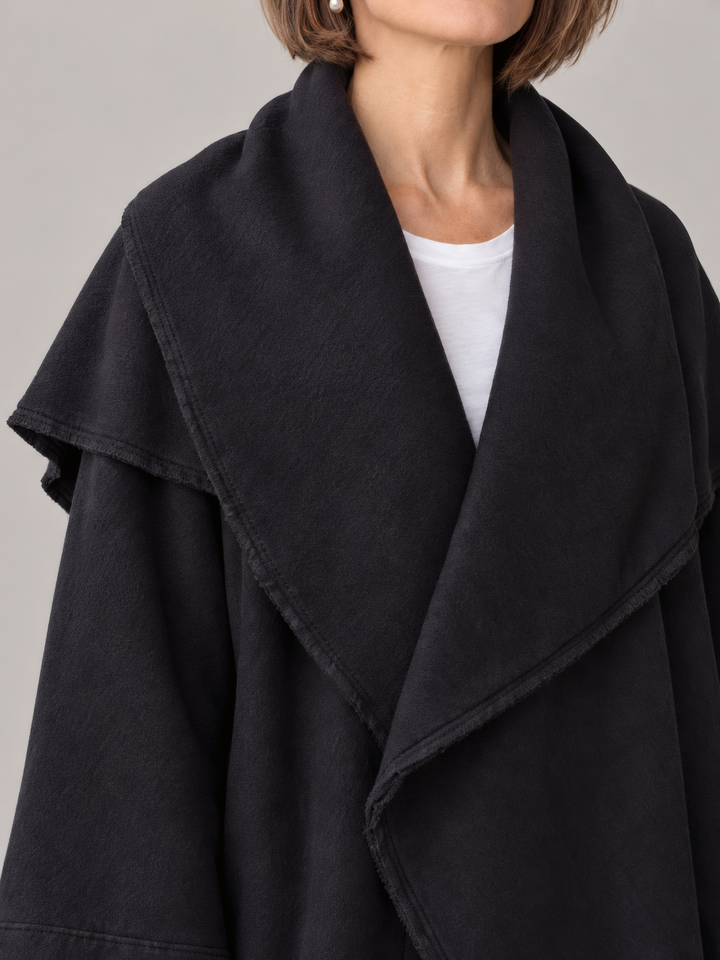 Bryn Walker Wrap Coat in Black, close up of the fabric and details