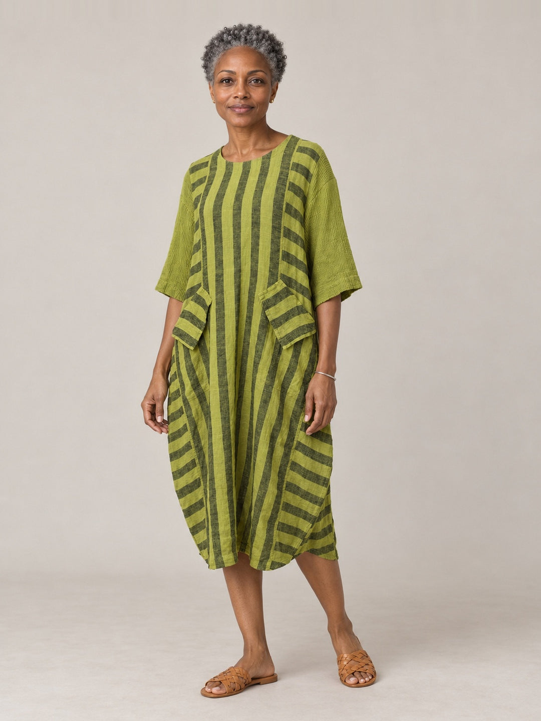 Cheyenne Stripe Gauze Pocket Dress in Apple, front view on model