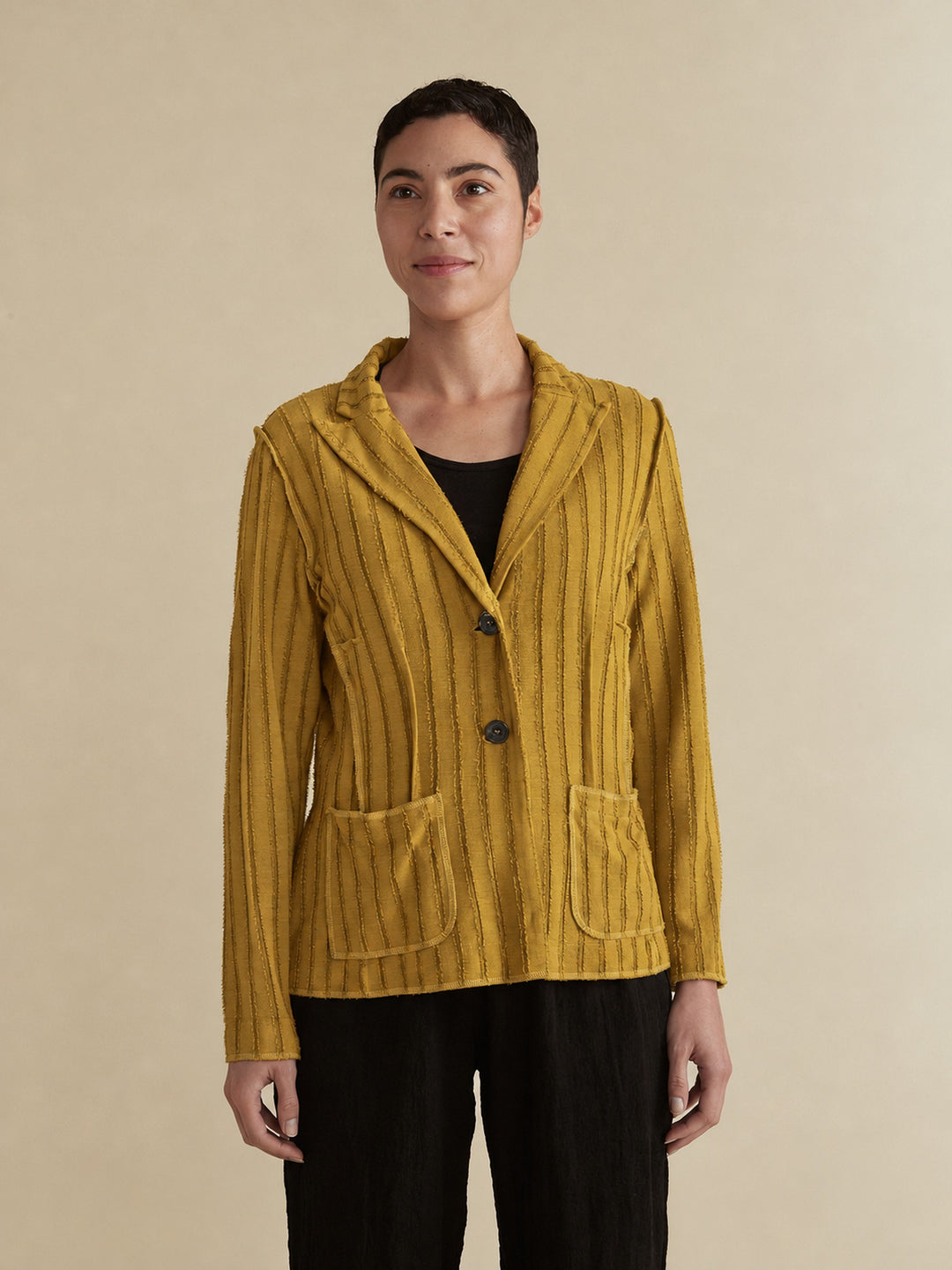 Cut Loose Frayed Stripe Fitted Blazer in Brass, front view on model